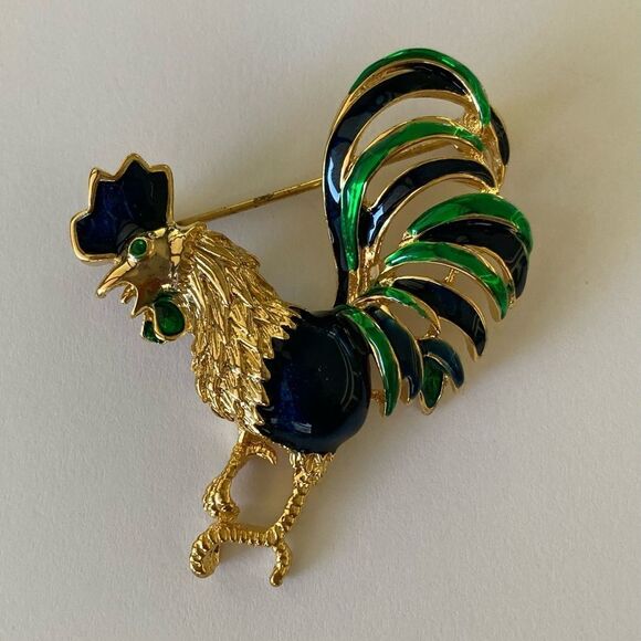 Vintage Brooch Pin Enamel Rooster Gold Rhinestone - Picture 1 of 3